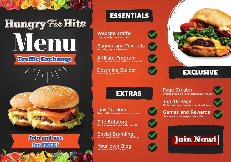 Hungry For Hits free traffic exchange splashpage: Pick and choose what you want from the menu.